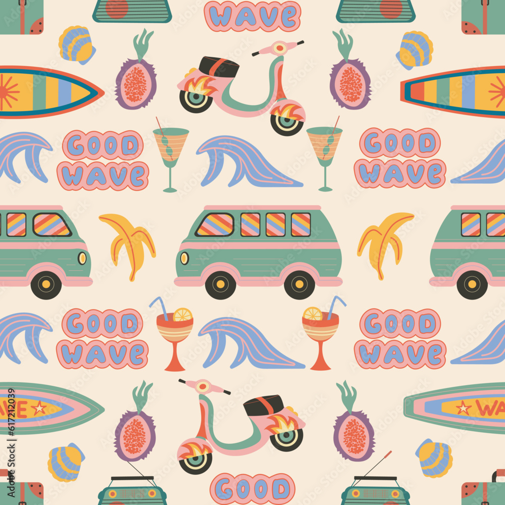 Retro summer pattern with groovy Vintage elements.