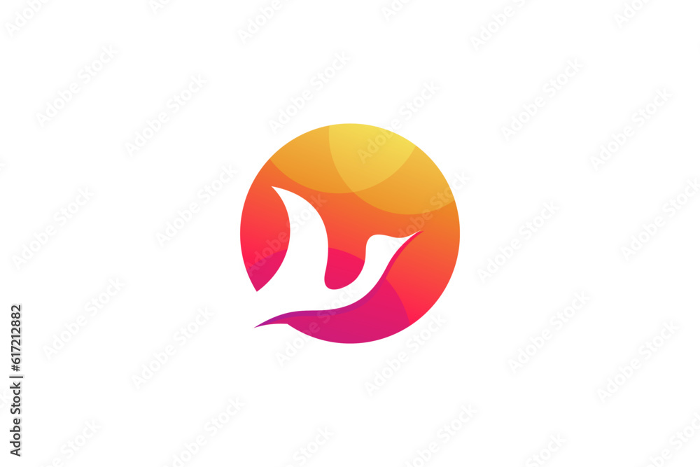 Flying crane logo design with sun background Flying crane logo design with sun background