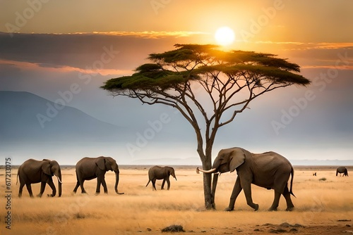 elephants at sunset in continent generated by AI tool 