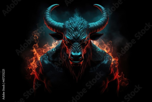 Half Man, Half Bull Minotaur: Concept for Greek Mythology Stories, Horrifying Ancient Beasts, and Mysterious Labyrinth Tales. Generative AI © Victor Moussa