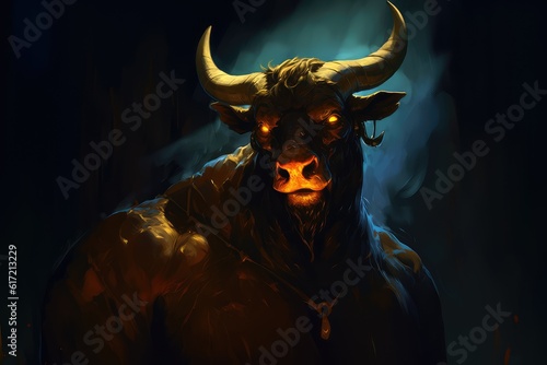 Horned Minotaur of Ancient Myths: Illustration for Legendary Greek Monsters, Tales of Fantasy and Magic, and the Intrigue of Mysterious Labyrinths. Generative AI