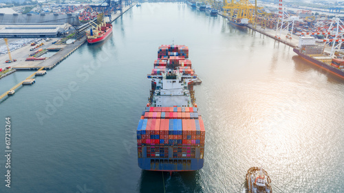 Photography Tugboat pull container cargo ship vessel to cargo international container yard port concept shipping by sea