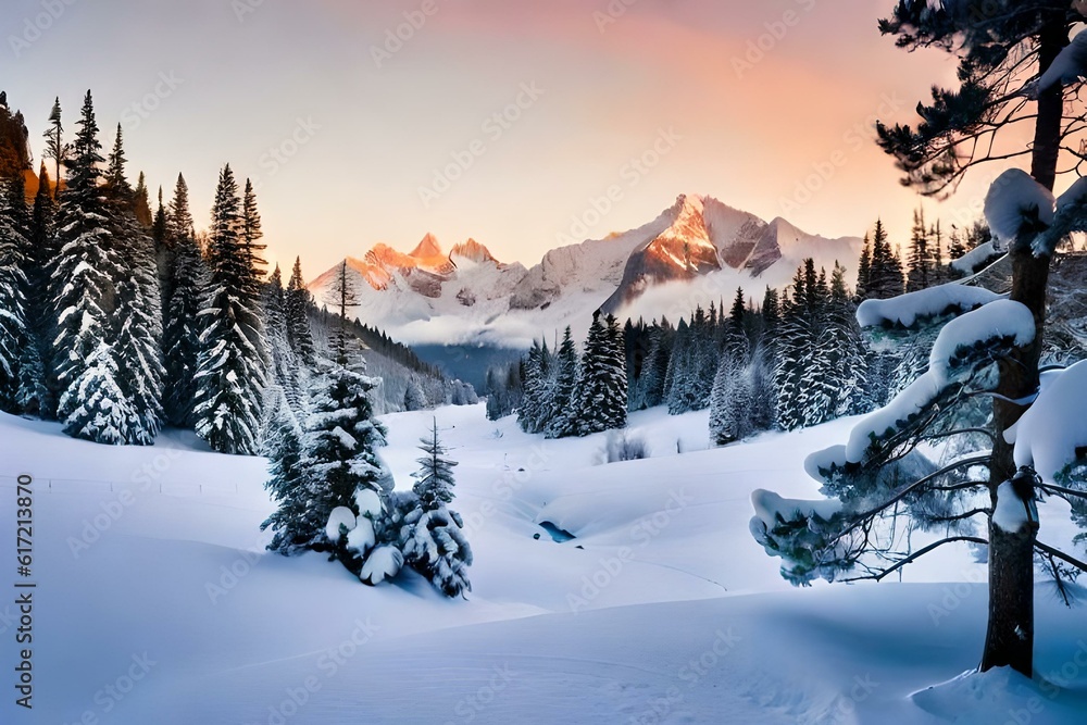 Fototapeta premium winter sunset in the snow covvered mountains Generated Ai