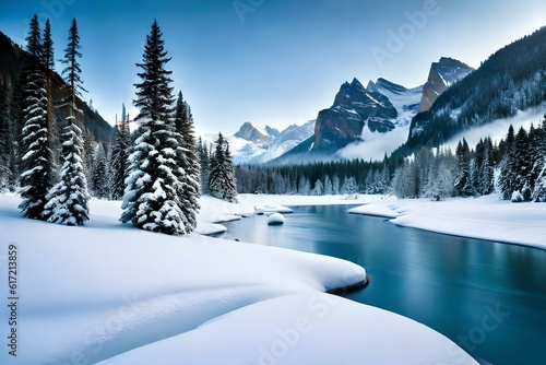 winter landscape with mountains and lake Generated Ai