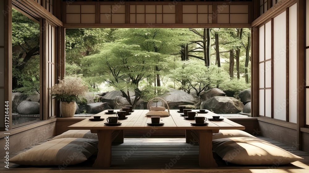 Fototapeta premium Serenity and Simplicity: A Rustic Japanese Dining Room Generative AI 8