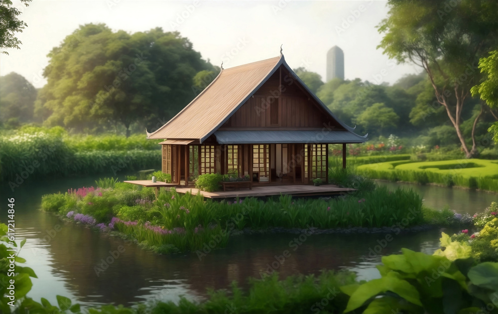A garden house in Thailand, Generative AI Illustration. A garden house in Thailand, Generative AI Illustration.