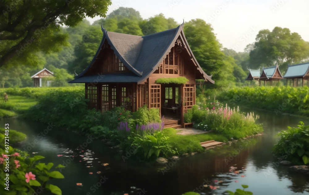 Fototapeta premium A garden house in Thailand, Generative AI Illustration.