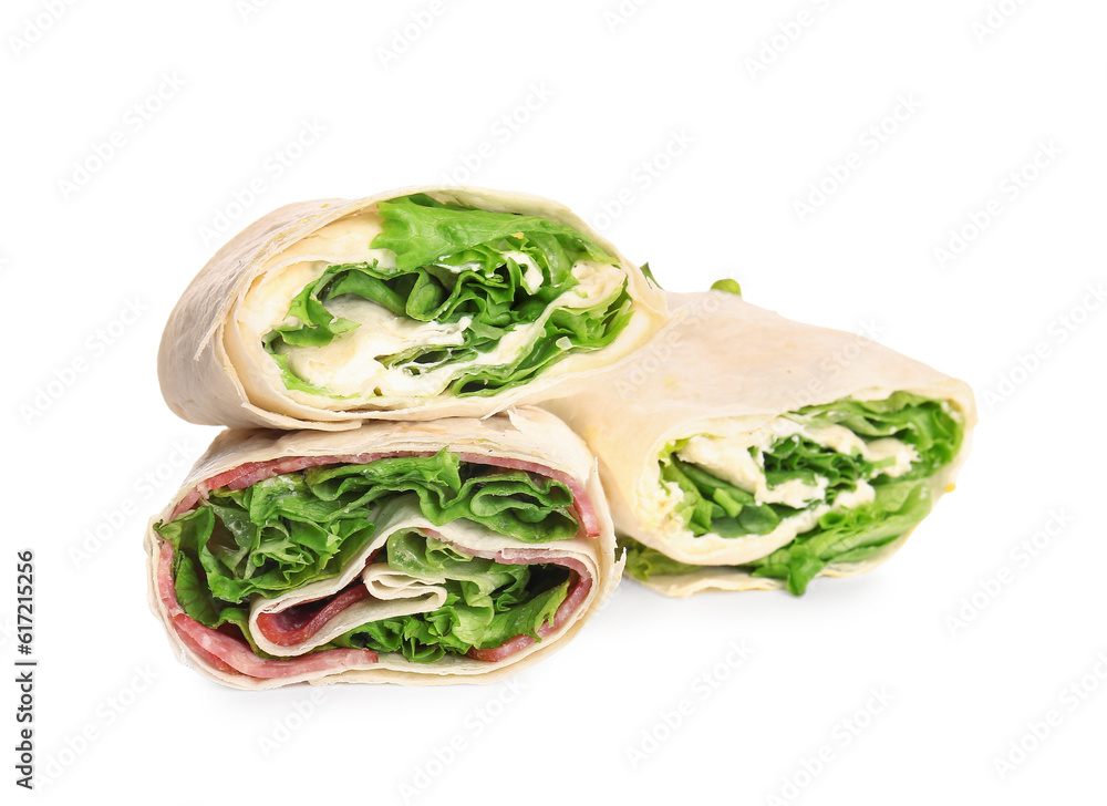 Tasty lavash rolls with sausages and greens isolated on white background Tasty lavash rolls with sausages and greens isolated on white background