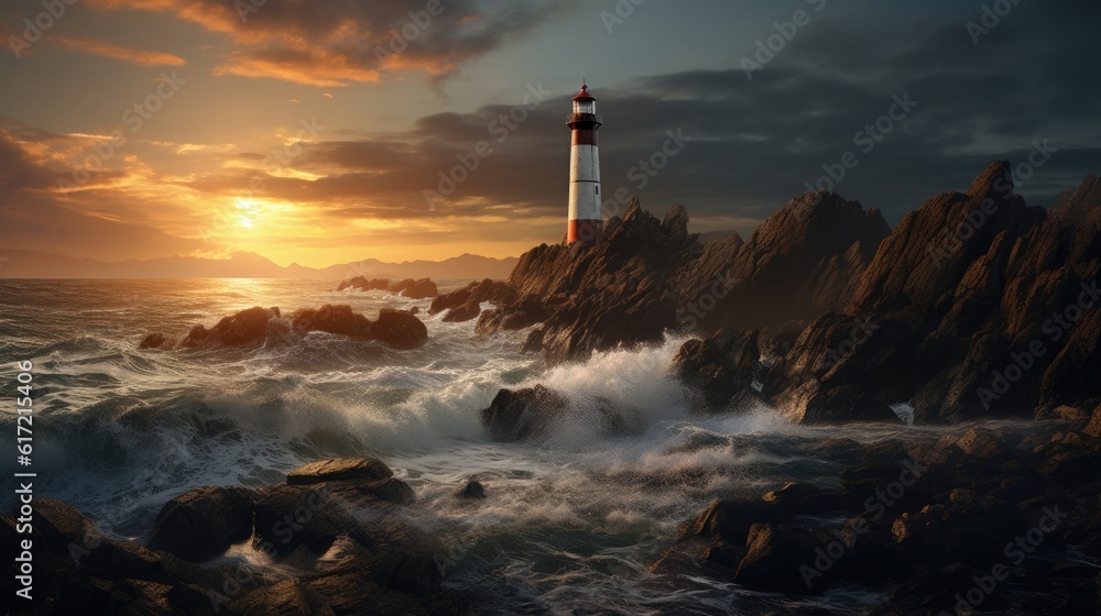 Solar powered lighthouse on a rocky coastline. Created with Generative AI technology