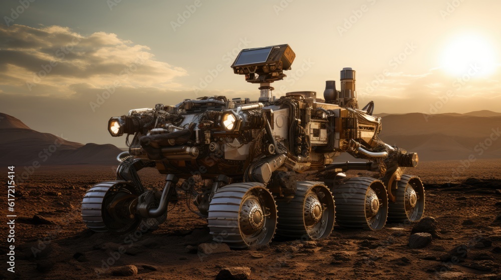 Solar powered robotic explorer on the surface of mars. Created with Generative AI technology Solar powered robotic explorer on the surface of mars. Created with Generative AI technology