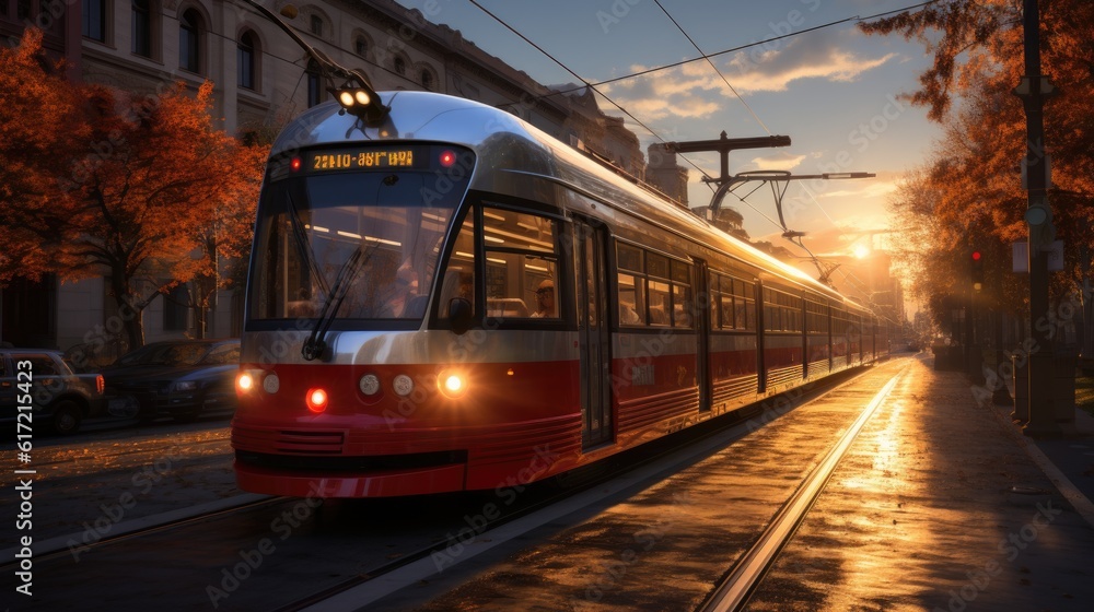 Solar powered streetcar system. Created with Generative AI technology Solar powered streetcar system. Created with Generative AI technology