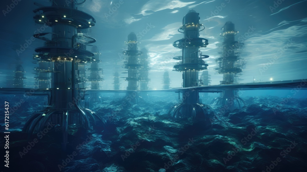 Tidal energy farm with turbines resembling underwater creatures ...