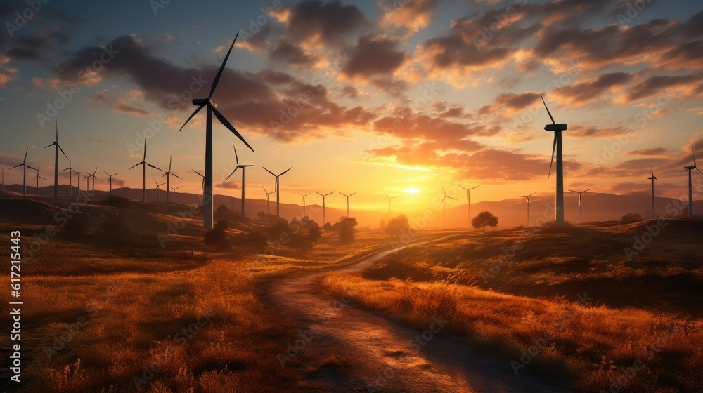 Fototapeta premium Wind farm silhouetted against a sunset sky. Created with Generative AI technology