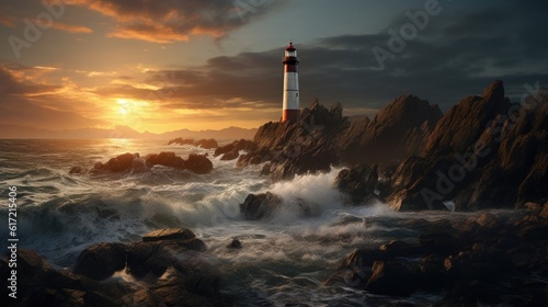 Solar powered lighthouse on a rocky coastline. Created with Generative AI technology