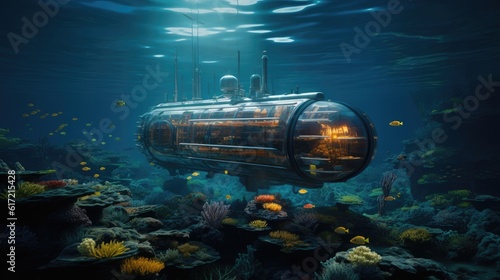 Submarine powered by renewable energy sources. Created with Generative AI technology © Niki