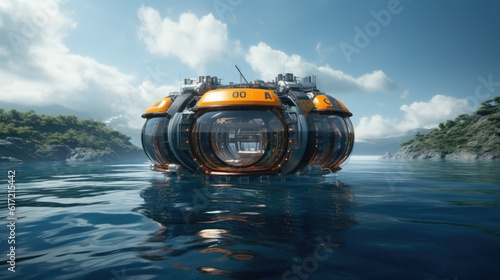 Wave energy converter floating on the ocean surface. Created with Generative AI technology © Niki