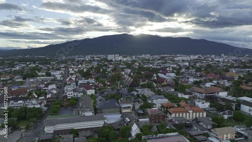 Aerial video of Chiang Mai, Thailand old city area with temples (4K HDR drone footage)