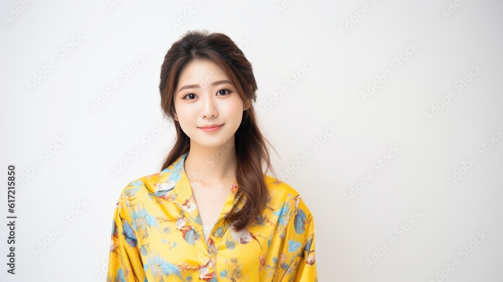 Pajamas on a beautiful asian japanese girl, looks at the camera on white background. Pajamas on a beautiful asian japanese girl, looks at the camera on white background.