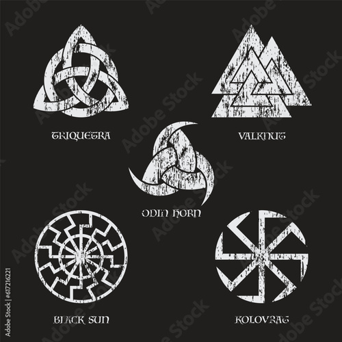 Scandinavian viking grunge symbols set