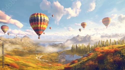 beautiful landscape with hot air balloons and mountains