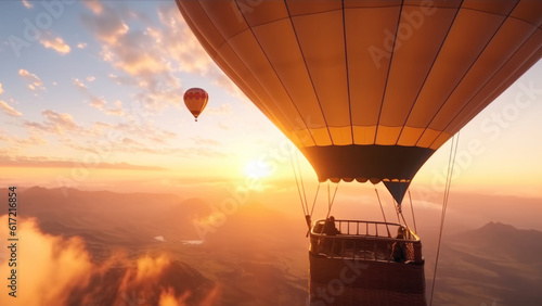 Beautiful landscape with hot air balloons and mountains, rivers, forests.