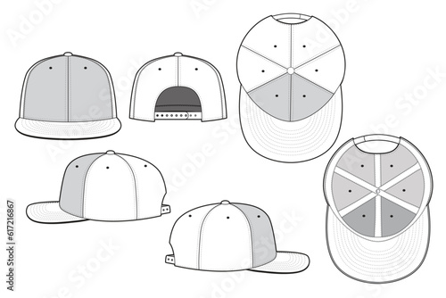 Fitted Snapback Cap Hat Vector Technical Drawing Illustration Blank Streetwear Mock-up Template for Design and Tech Packs CAD Brim Baseball Hat	