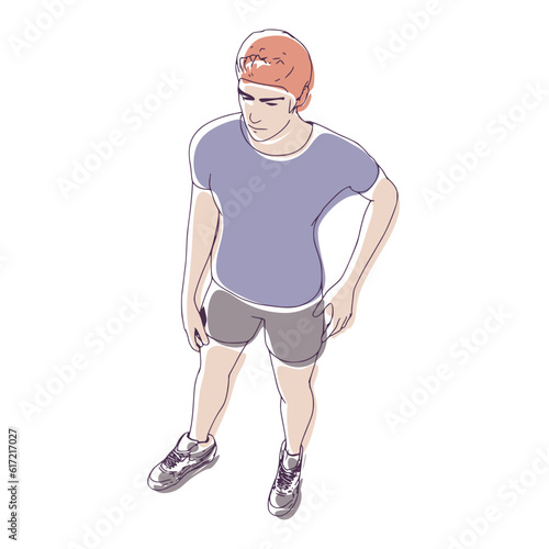 Standing man. Sport boy illustration. Casual sportwear - t-shirt, breeches and sneakers. Young man wearing workout clothes. Sport fashion boy outline in urban casual style.