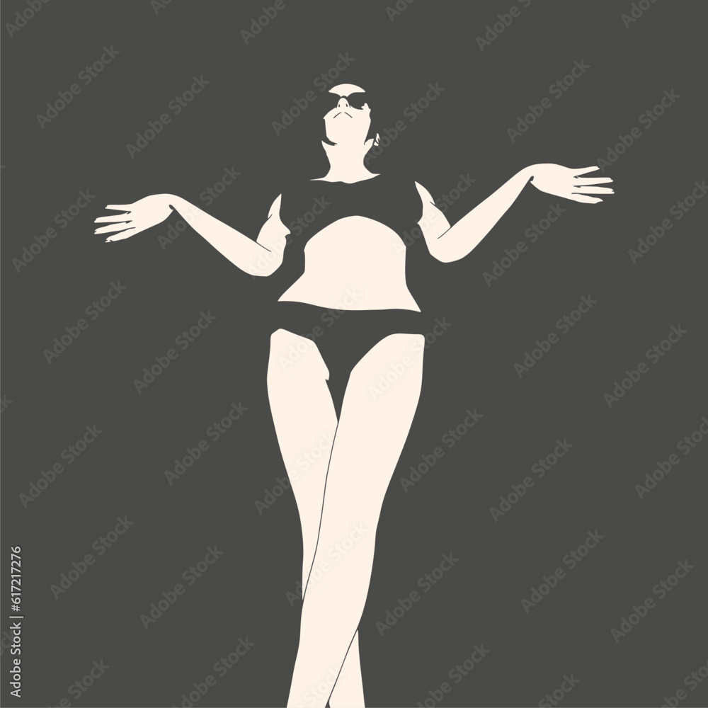 Illustration of a beautiful fashion model posing in a stylish swimsuit wearing sunglasses. Young attractive woman in bikini. Illustration of a beautiful fashion model posing in a stylish swimsuit wearing sunglasses. Young attractive woman in bikini.