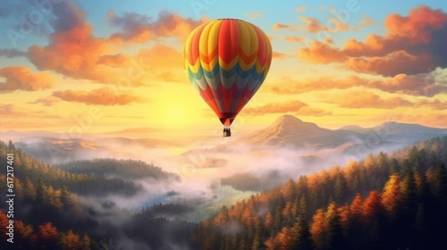 Beautiful landscape with hot air balloons and mountains, rivers, forests. © sirisakboakaew