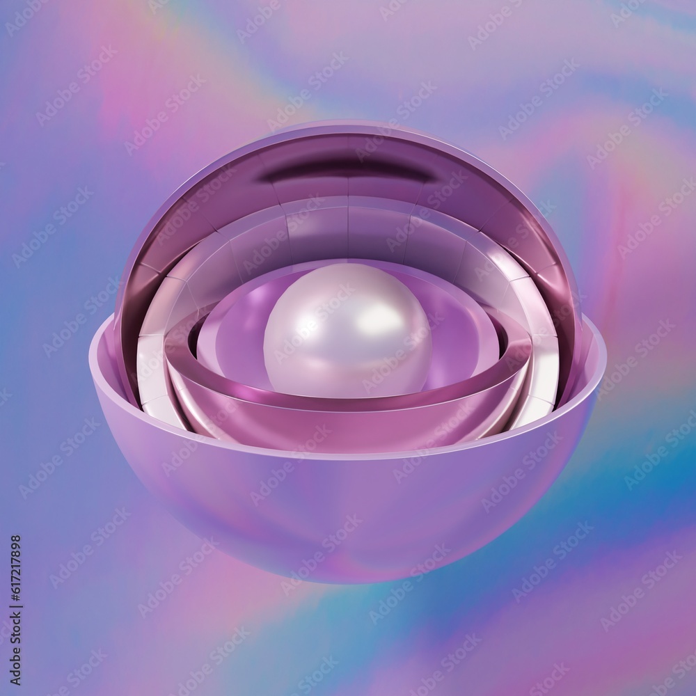 3D Illustration; CGI modeling; holographic sphere layered with a pearl and iridescent background