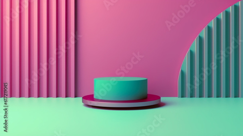 Round podium on mint green, cyan and magenta background. Simple product pedestal, Generative AI.