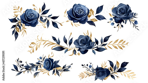 Watercolor design elements navy blue gold roses, flowers, leaves, eucalyptus, branches set for wedding stationary, invitation card, greeting, wallpaper, isolated transparent background. generative ai