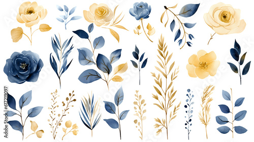 Fotografia Watercolor elements blue gold yellow flowers, roses, leaves, eucalyptus, branches set for wedding stationary, invitation card, greeting, wallpaper, fashion, isolated on transparent