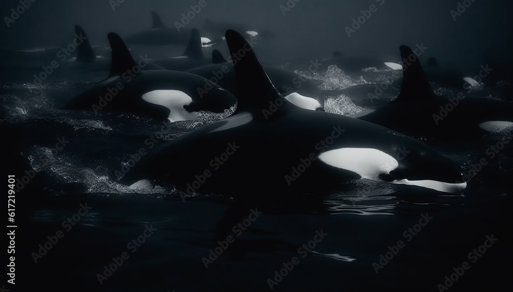 Obraz premium Majestic cetacea swimming in tranquil blue waters, playful and free generated by AI