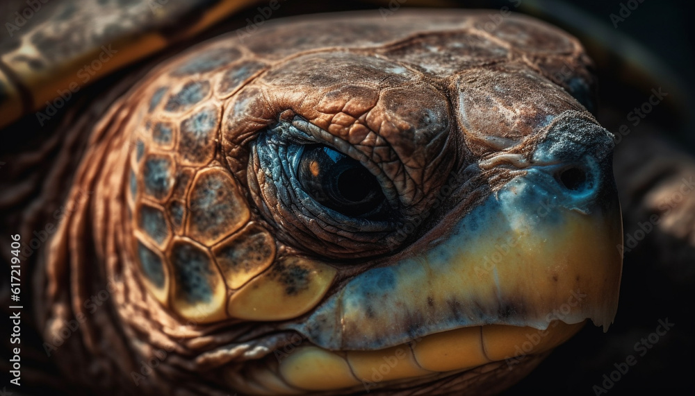 Turtle portrait Close up of endangered reptile multi colored shell and eye generated by AI Turtle portrait Close up of endangered reptile multi colored shell and eye generated by AI