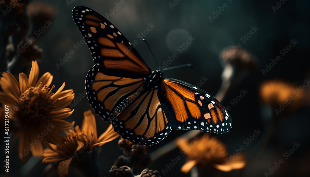 Fototapeta premium Vibrant beauty in nature a monarch butterfly pollinating a yellow flower generated by AI