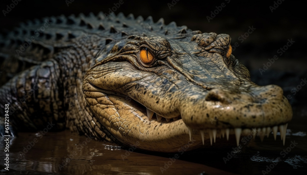Large crocodile teeth and eye in close up, dangerous predator in water generated by AI Large crocodile teeth and eye in close up, dangerous predator in water generated by AI