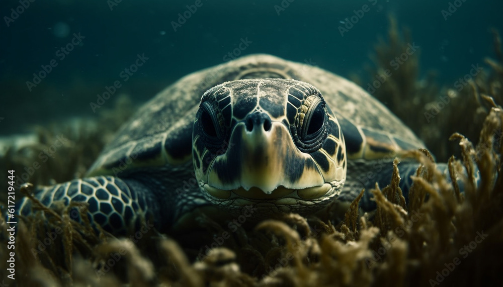 Fototapeta premium Blue sea turtle in tropical Pacific, surrounded by colorful coral generated by AI