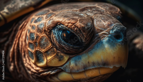 Turtle portrait Close up of endangered reptile multi colored shell and eye generated by AI © djvstock