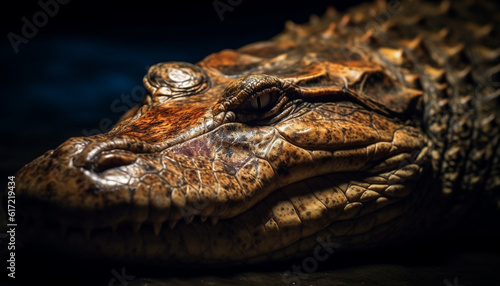 Crocodile head close up, dangerous teeth and eyes, in nature generated by AI