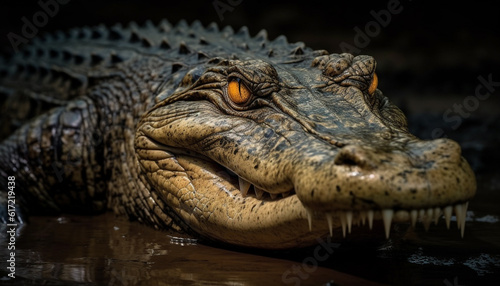 Large crocodile teeth and eye in close up, dangerous predator in water generated by AI © djvstock