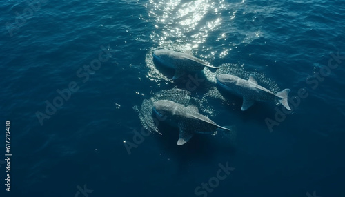 Playful dolphins and majestic humpback whales breach in tranquil seas generated by AI © djvstock
