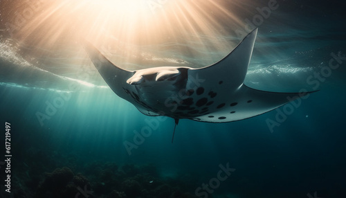 Majestic manta ray swimming below blue seascape in tropical climate generated by AI