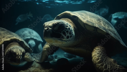 Endangered sea turtle endures slow swim in tranquil underwater environment generated by AI