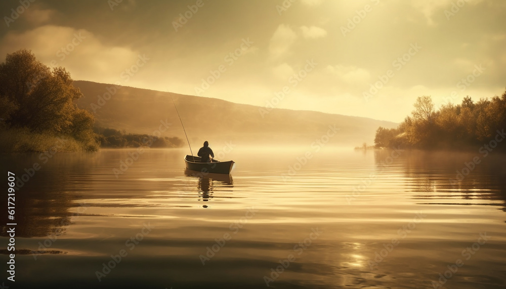 One person rowing a canoe at sunset, enjoying tranquil nature generated by AI