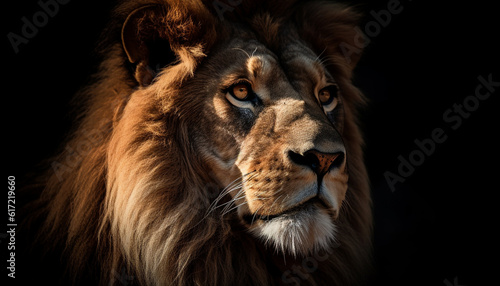 Majestic male lion with a beautiful mane staring at camera generated by AI