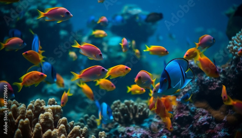 Colorful underwater landscape with large group of tropical fish generated by AI