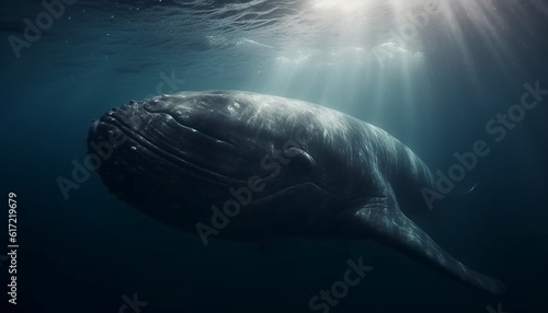 Majestic humpback whale swimming in deep blue underwater adventure generated by AI