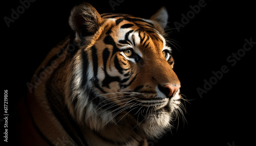 Majestic Bengal tiger staring with aggression in black background generated by AI © djvstock