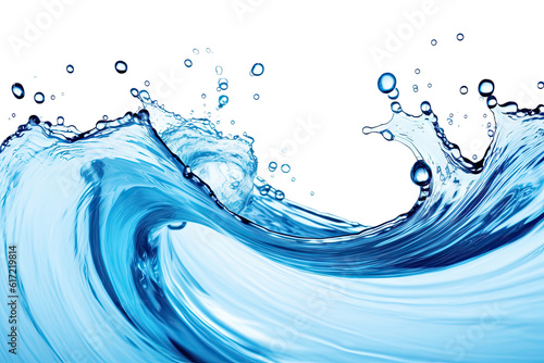 Blue water swirl splash with little bubbles isolated on clear png background, liquid flowing in form of wave,  with Generative Ai.